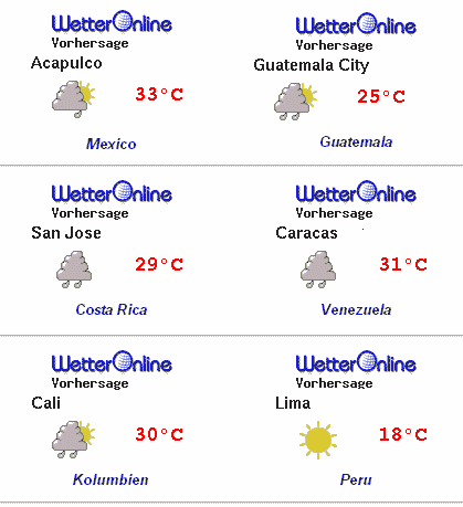 Wetter in Acapulco/Mexico, Guatemala/City, Costa Rica/San Jose, Venezuela/Caracas, Kolumbien/Cali, Peru/Lima